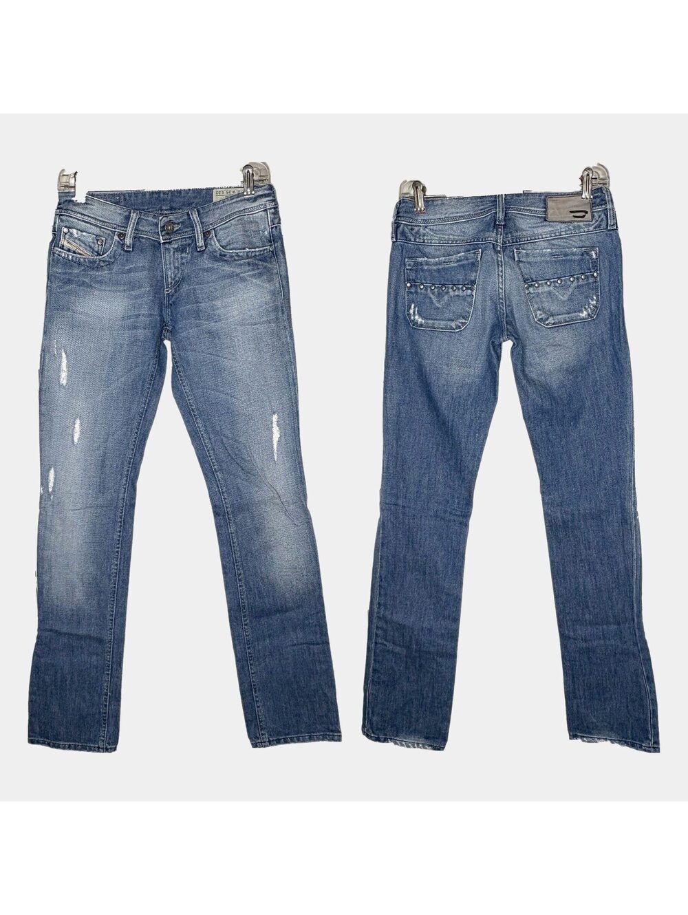 Vintage Diesel Lowky 89X Jeans W25 L32 Low Rise Straight Distressed Studs Italy